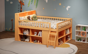 English Elm Queen Loft Bed with Open Shelving Built-in Led Light White Wood Frame N7090005025N