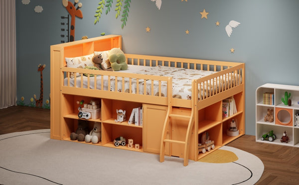 English Elm Queen Loft Bed with Open Shelving Built-in Led Light White Wood Frame N7090005025N