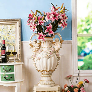 English Elm 28.35" Baroque Resin Cherub Vase with Gold Trim Rococo Relief Sculpture for Entryway W5709P462888