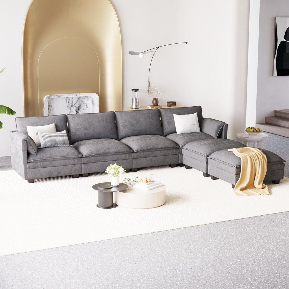 English Elm 141.5'' Modern U-Shaped 6-Seater Sofa Couch With Movable Ottoman & Armrest Pockets For Versatile Living W680S00043