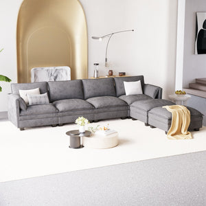 English Elm 141.5'' Modern U-Shaped 6-Seater Sofa Couch With Movable Ottoman & Armrest Pockets For Versatile Living W680S00043