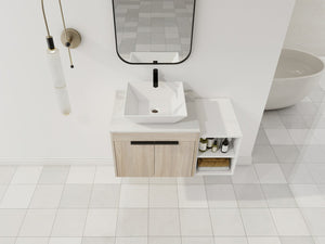 English Elm 36" Modern Floating Bathroom Vanity With Ceramic Sink, White Stone Slab, Soft-Close Doors & Storage W999S00287