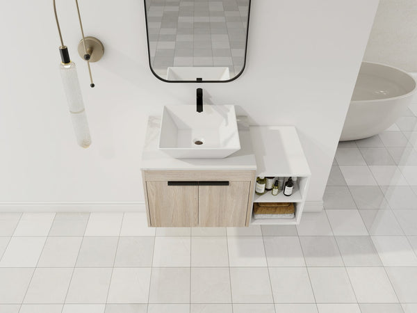 English Elm 36" Modern Floating Bathroom Vanity With Ceramic Sink, White Stone Slab, Soft-Close Doors & Storage W999S00287