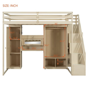 English Elm Full Size Loft Bed with Wardrobe Dressing Mirror Usb Ports and Teen Room Storage LT000276AAA