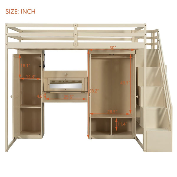 English Elm Full Size Loft Bed with Wardrobe Dressing Mirror Usb Ports and Teen Room Storage LT000276AAA