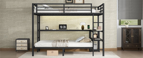 English Elm Full Over Twin Bunk Bed With Integrated Desk, Led Lighting & Usb Ports, Versatile Black Metal Design W1580S00127