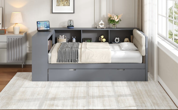 English Elm Wood Twin Platform Bed Linen Headboard Storage Shelves Trundle Charging Station Gray N709P004023E