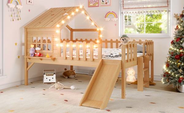 English Elm Twin Playhouse Loft Bed Solid Pine Frame with Slide Led Lights and Star Roof Natural W5316S00005