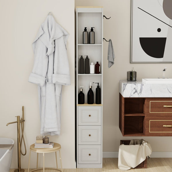 English Elm 73" Slim Tower Cabinet Antique White Mdf with Drawers Hooks and Display Shelves W1120P327084