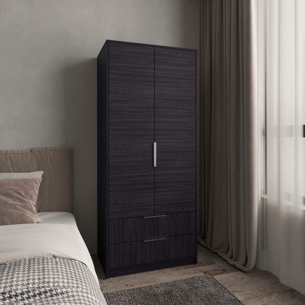 English Elm Wenden Tall Black Armoire with Double Doors, Two Drawers, Hanging Rod & Interior Shelves for Small Spaces B200S00433