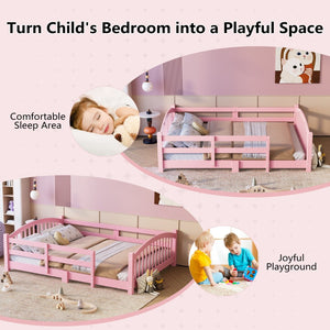 English Elm Twin Montessori Floor Bed Solid Pine Frame with Safety Guardrails for Kids Bedroom Pink N733P400298H