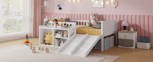 English Elm Twin Low Loft Kids Bed with Fun Slide Climbing Structure and Movable Bookshelf White W2593P437109