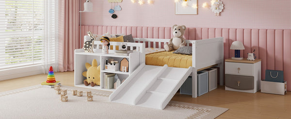 English Elm Twin Low Loft Kids Bed with Fun Slide Climbing Structure and Movable Bookshelf White W2593P437109