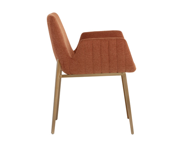 Sunpan Lucano Dining Armchair - Elegant Scooped Design with Vertical Channel Tufting and Gold Legs Belfast Rust