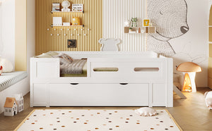 English Elm Wood Twin Platform Bed for Kids with Fence Guardrail and Under Storage Drawer White N709P385776K
