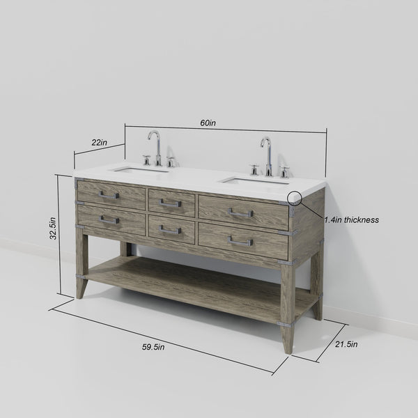 English Elm Grey Oak Double Bath Vanity With White Quartz Top & Mirrors - Modern Design, Ample Storage Solution B2731S01638