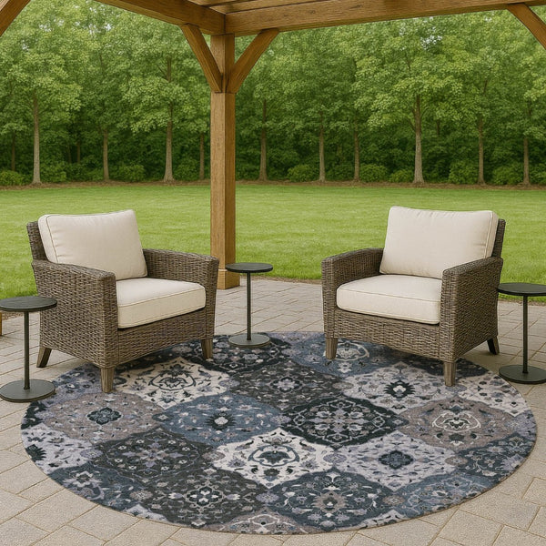 HomeRoots 8' Stylish Denim Blue Gray Floral Medallion Area Rug - Washable, Durable, Indoor & Outdoor Use 658005