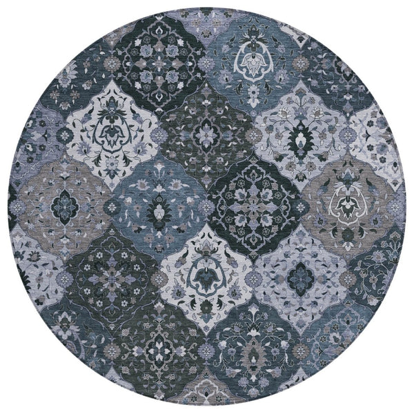 HomeRoots 8' Stylish Denim Blue Gray Floral Medallion Area Rug - Washable, Durable, Indoor & Outdoor Use 658005