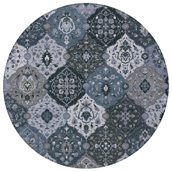 HomeRoots 8' Stylish Denim Blue Gray Floral Medallion Area Rug - Washable, Durable, Indoor & Outdoor Use 658005
