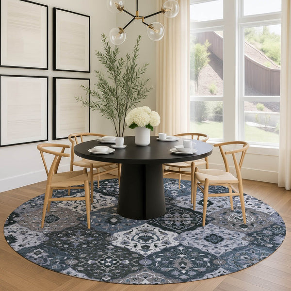 HomeRoots 8' Stylish Denim Blue Gray Floral Medallion Area Rug - Washable, Durable, Indoor & Outdoor Use 658005