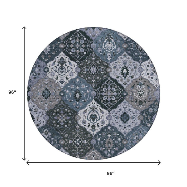 HomeRoots 8' Stylish Denim Blue Gray Floral Medallion Area Rug - Washable, Durable, Indoor & Outdoor Use 658005