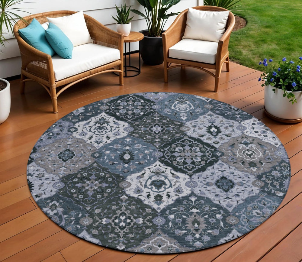 HomeRoots 8' Stylish Denim Blue Gray Floral Medallion Area Rug - Washable, Durable, Indoor & Outdoor Use 658005