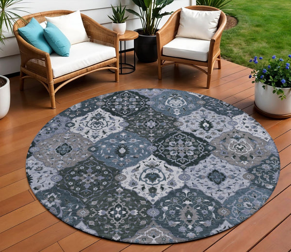 HomeRoots 8' Stylish Denim Blue Gray Floral Medallion Area Rug - Washable, Durable, Indoor & Outdoor Use 658005