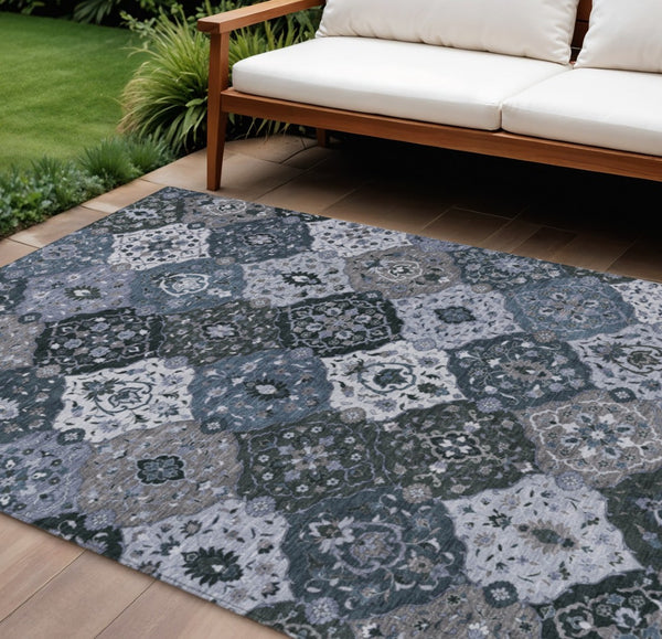 HomeRoots 10' Floral Medallion Area Rug in Denim Blue & Gray - Washable, Stylish for Indoor & Outdoor Use! 658008