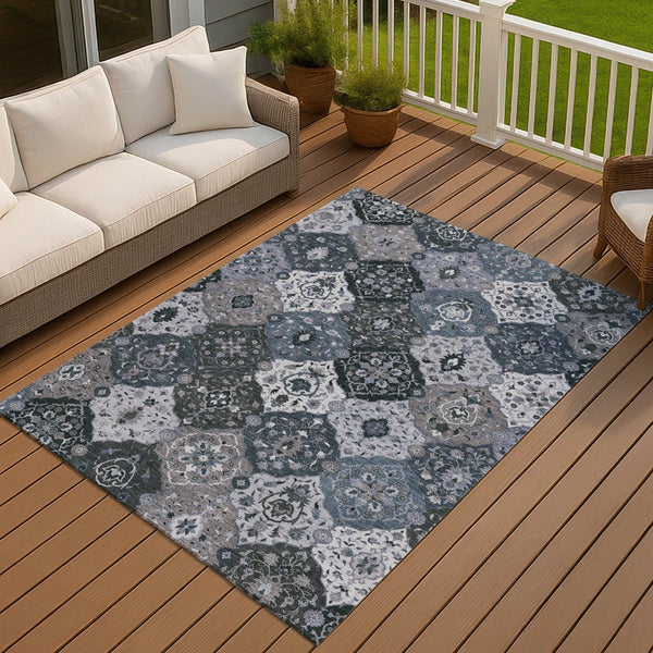 HomeRoots 10' Floral Medallion Area Rug in Denim Blue & Gray - Washable, Stylish for Indoor & Outdoor Use! 658008
