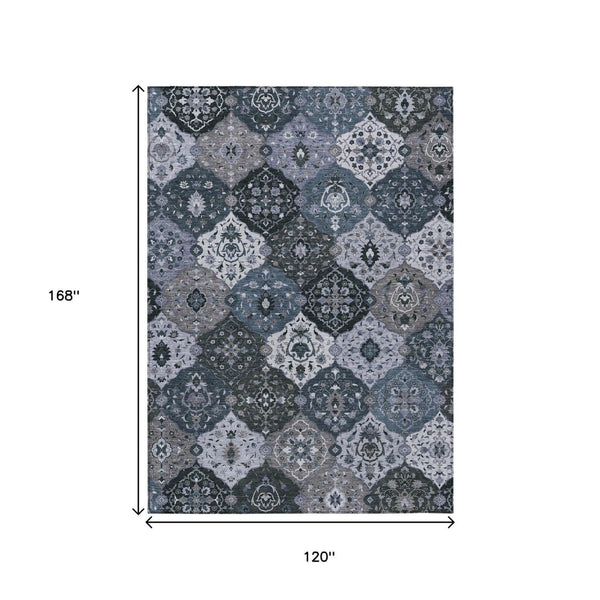 HomeRoots 10' Floral Medallion Area Rug in Denim Blue & Gray - Washable, Stylish for Indoor & Outdoor Use! 658008
