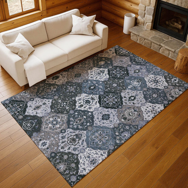 HomeRoots 10' Floral Medallion Area Rug in Denim Blue & Gray - Washable, Stylish for Indoor & Outdoor Use! 658008