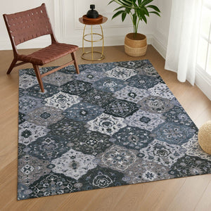 HomeRoots 10' Floral Medallion Area Rug in Denim Blue & Gray - Washable, Stylish for Indoor & Outdoor Use! 658008