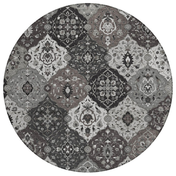 HomeRoots 8' Round Floral Medallion Area Rug in Gray & Ivory - Washable, Durable for Indoor & Outdoor Use! 658011
