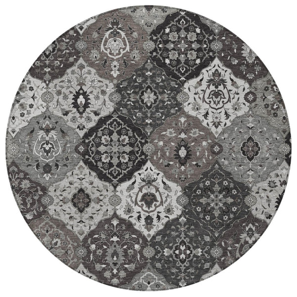 HomeRoots 8' Round Floral Medallion Area Rug in Gray & Ivory - Washable, Durable for Indoor & Outdoor Use! 658011