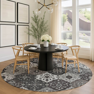HomeRoots 8' Round Floral Medallion Area Rug in Gray & Ivory - Washable, Durable for Indoor & Outdoor Use! 658011