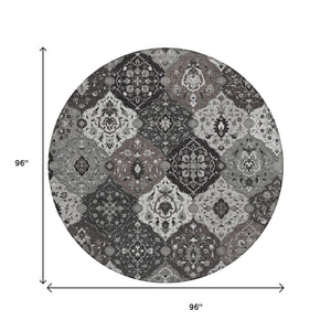 HomeRoots 8' Round Floral Medallion Area Rug in Gray & Ivory - Washable, Durable for Indoor & Outdoor Use! 658011