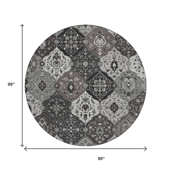 HomeRoots 8' Round Floral Medallion Area Rug in Gray & Ivory - Washable, Durable for Indoor & Outdoor Use! 658011