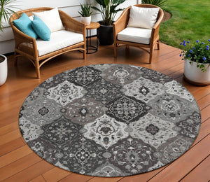 HomeRoots 8' Round Floral Medallion Area Rug in Gray & Ivory - Washable, Durable for Indoor & Outdoor Use! 658011