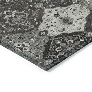HomeRoots 10' Gray Charcoal & Ivory Floral Medallion Washable Area Rug for Indoor/Outdoor Use, Easy Clean! 658014