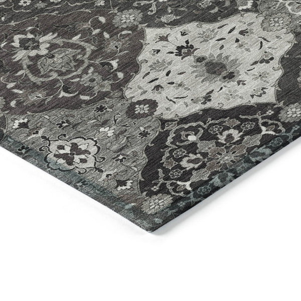 HomeRoots 10' Gray Charcoal & Ivory Floral Medallion Washable Area Rug for Indoor/Outdoor Use, Easy Clean! 658014