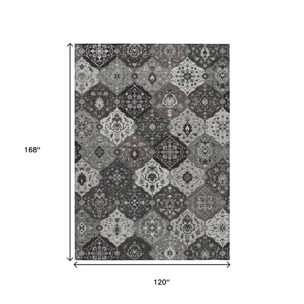 HomeRoots 10' Gray Charcoal & Ivory Floral Medallion Washable Area Rug for Indoor/Outdoor Use, Easy Clean! 658014