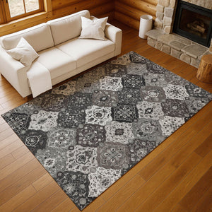 HomeRoots 10' Gray Charcoal & Ivory Floral Medallion Washable Area Rug for Indoor/Outdoor Use, Easy Clean! 658014