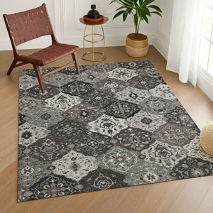 HomeRoots 10' Gray Charcoal & Ivory Floral Medallion Washable Area Rug for Indoor/Outdoor Use, Easy Clean! 658014