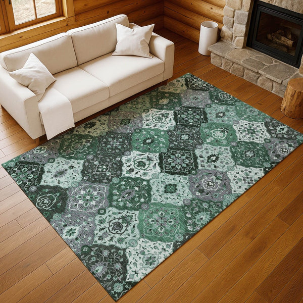 HomeRoots 5' X 8' Floral Medallion Area Rug - Stylish Green, Ivory & Gray Design for Indoor/Outdoor Durability 658016