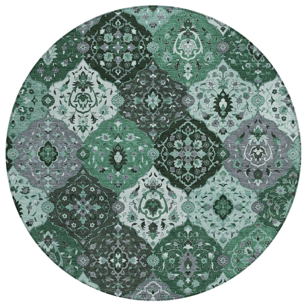 HomeRoots 8' Round Floral Medallion Area Rug in Green, Ivory & Gray - Washable, Durable for Indoor/Outdoor Use 658017