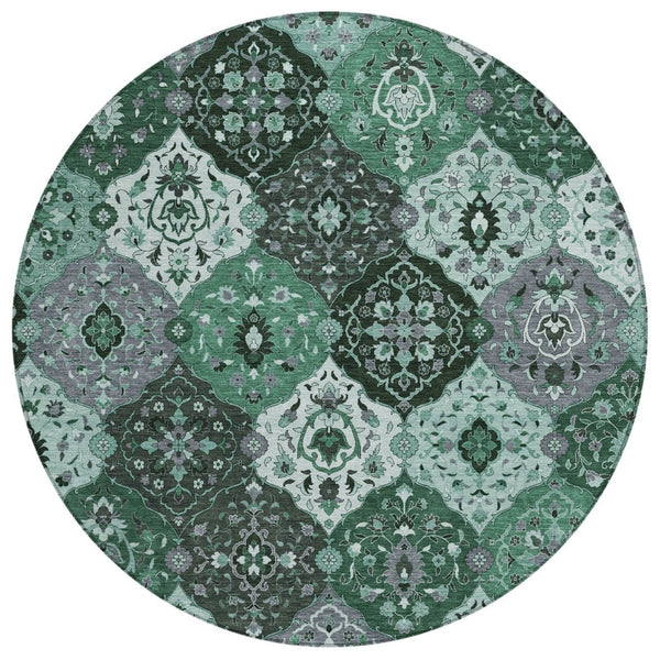 HomeRoots 8' Round Floral Medallion Area Rug in Green, Ivory & Gray - Washable, Durable for Indoor/Outdoor Use 658017