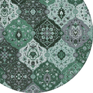 HomeRoots 8' Round Floral Medallion Area Rug in Green, Ivory & Gray - Washable, Durable for Indoor/Outdoor Use 658017