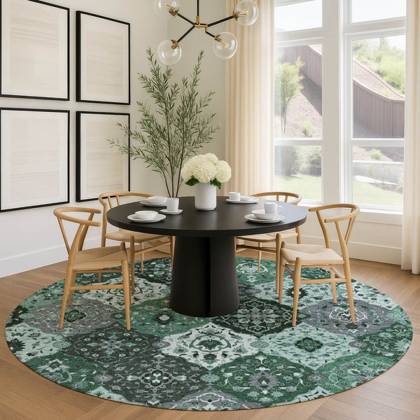 HomeRoots 8' Round Floral Medallion Area Rug in Green, Ivory & Gray - Washable, Durable for Indoor/Outdoor Use 658017
