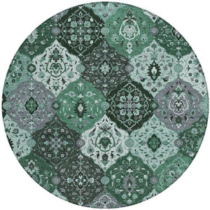 HomeRoots 8' Round Floral Medallion Area Rug in Green, Ivory & Gray - Washable, Durable for Indoor/Outdoor Use 658017
