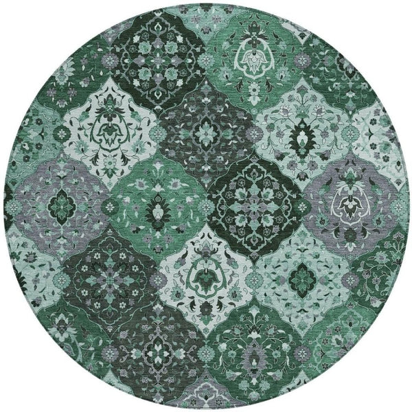 HomeRoots 8' Round Floral Medallion Area Rug in Green, Ivory & Gray - Washable, Durable for Indoor/Outdoor Use 658017